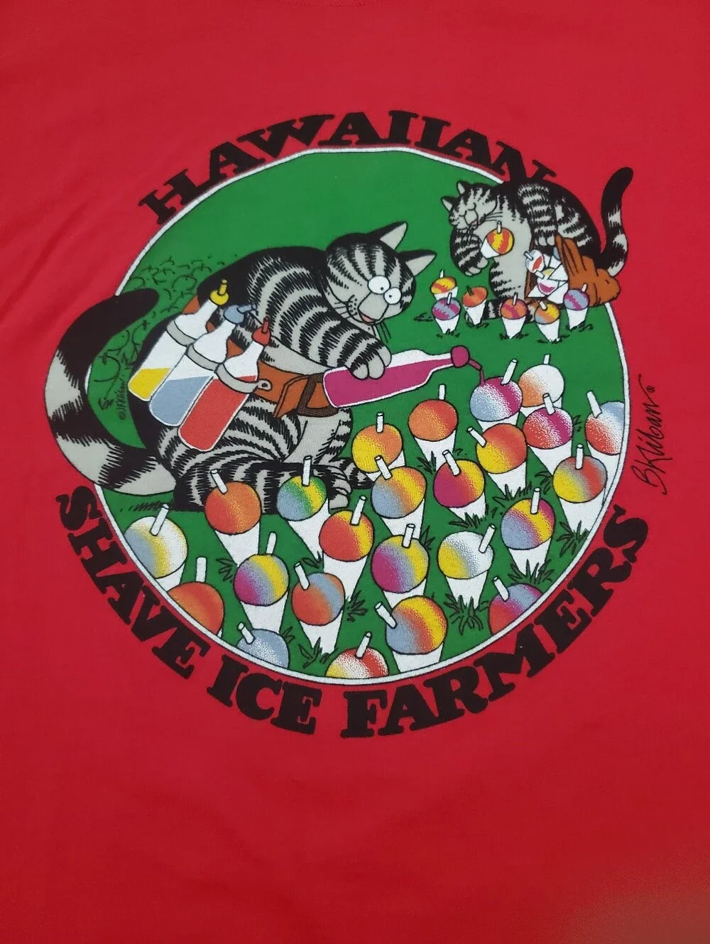 Crazy Shirts 100% cotton red Hawaiian shave ice farmers Kliban cat tee size S